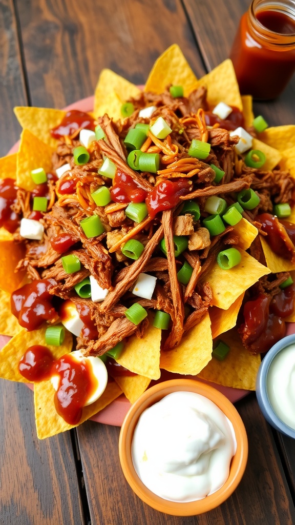 Loaded BBQ pulled pork nachos with cheese, jalapeños, and green onions on a wooden table.